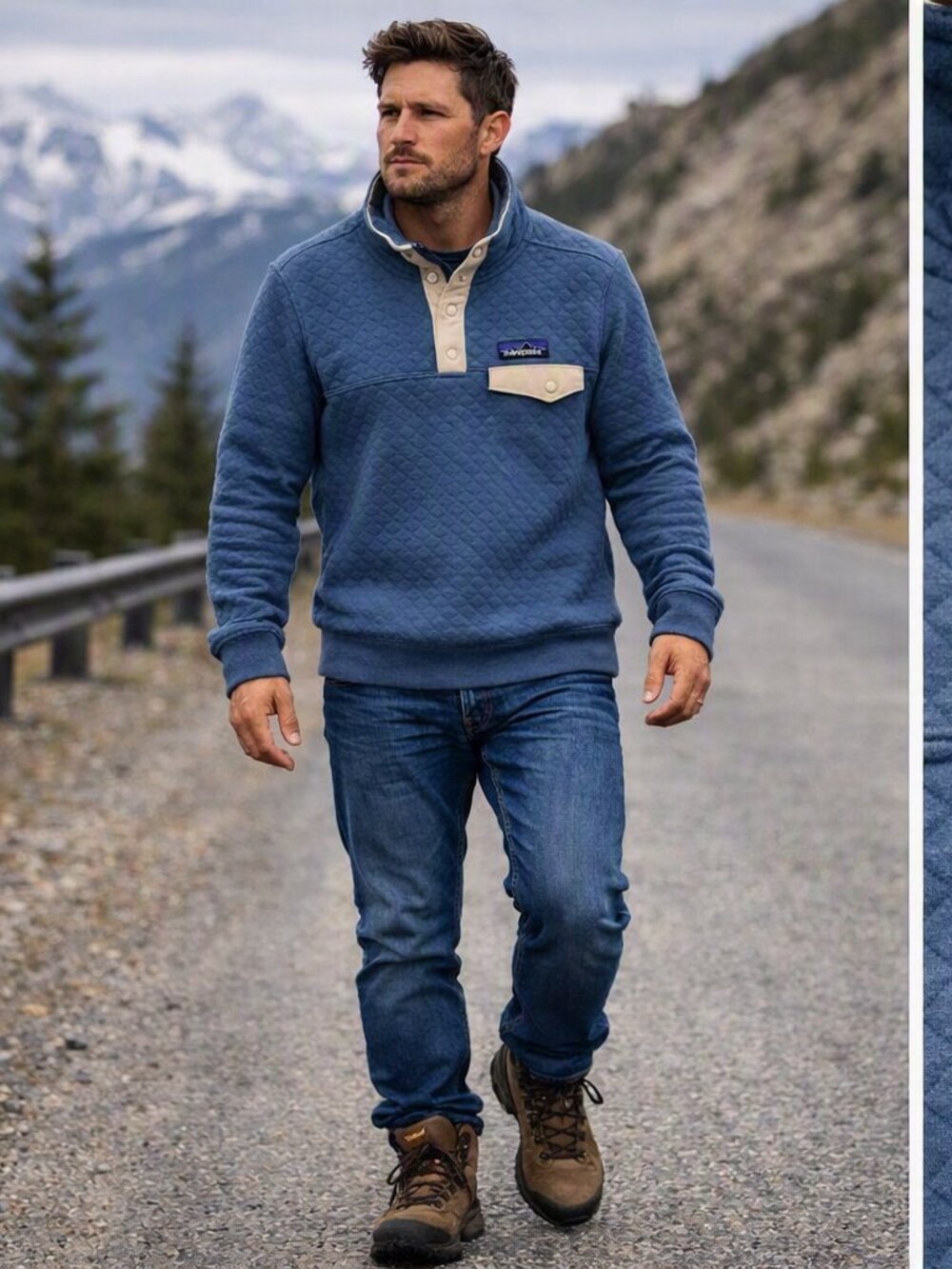 Patagonia Men L Blue Organic Cotton Quilt Snap‑T Pullover Preppy Biker Jacket